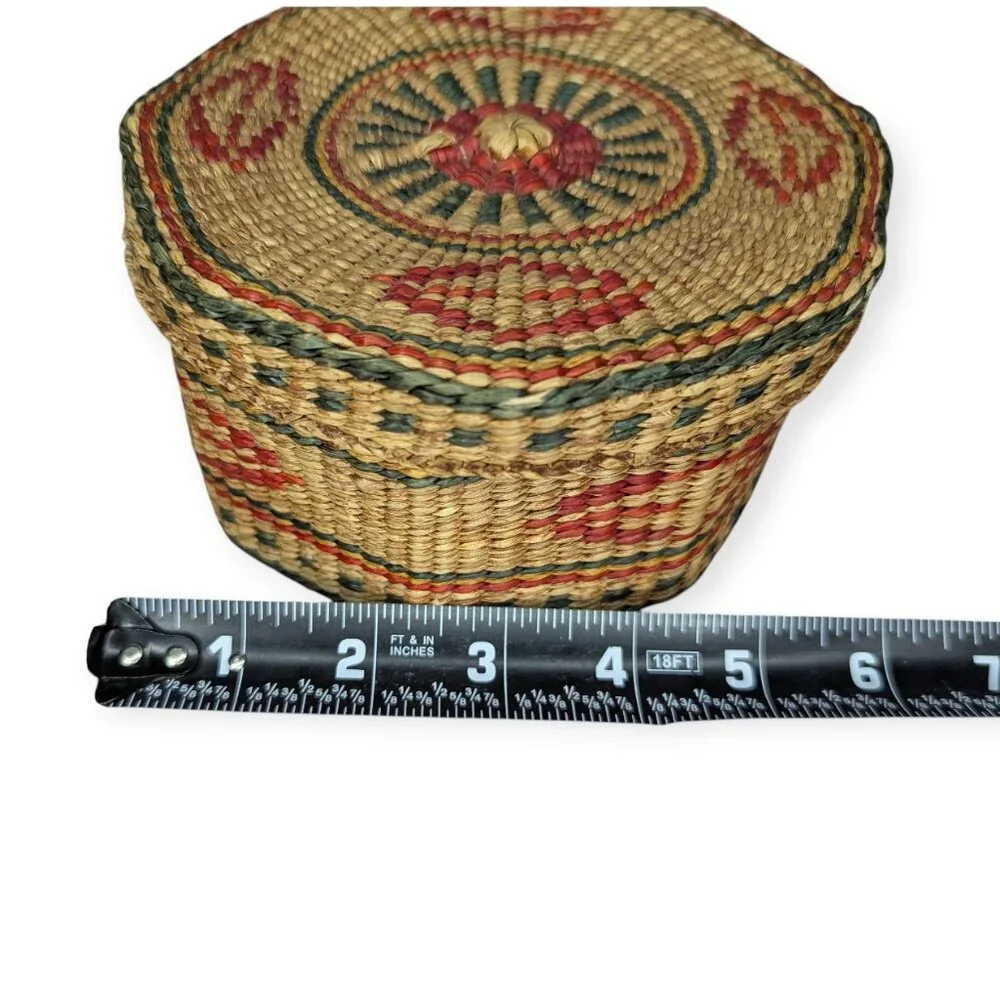 Vintage Sweetgrass Woven Basket & Matching Lid with Multicolor Pattern 6